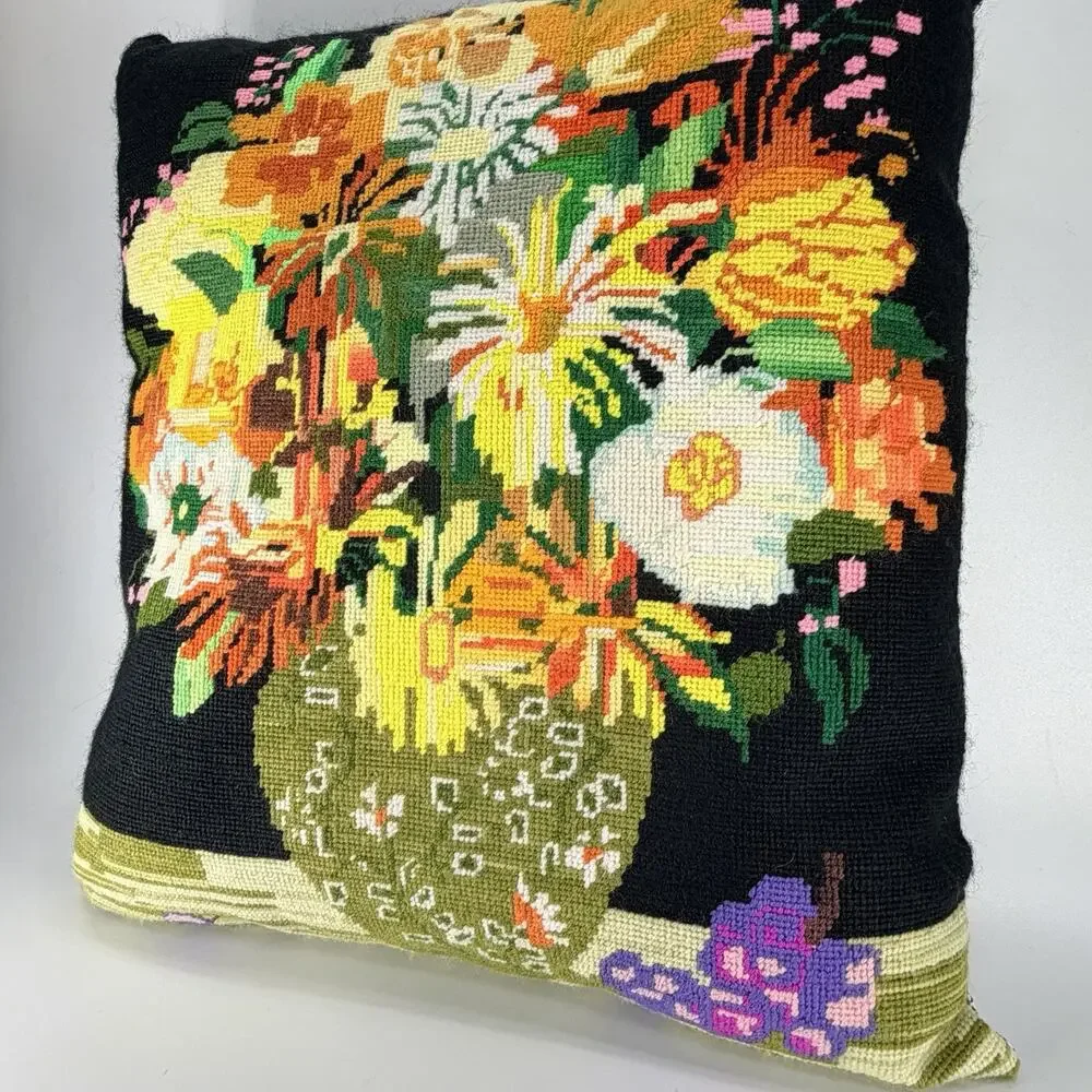 Vtg Handmade Needlepoint Throw Pillow Black Green Yellow Bouquet Vase Boho 16